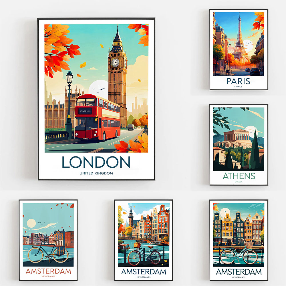 Home Decor Netherlands - Affiches de voyage Amsterdam Pays-Bas Londres
